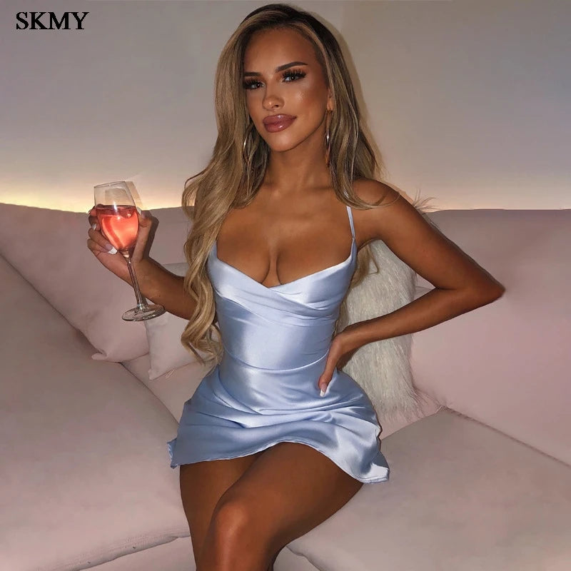 SKMY 2025 Summer New Sexy Spaghetti Strap Open Back Solid Bodycon Dress High-End Club Party Women's Versatile Outfit